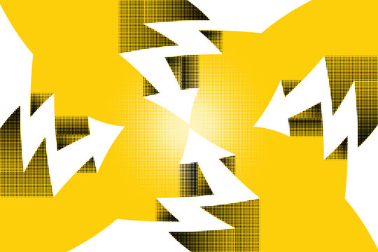 White directional arrows rise across geometric paths over yellow halftone texture. Financial momentum, competitive movement, strategic planning and business acceleration concept. Vector Illustration.