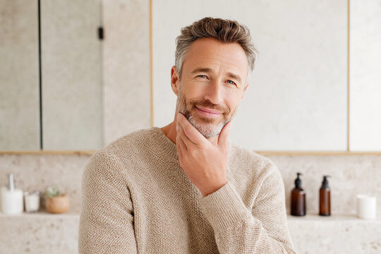 Healthy looking older man in his fifties with neatly styled beard, smiling confidently in modern bathroom setting. warm tones and natural materials create welcoming