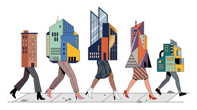 Abstract illustration of buildings with legs walking in a line on a street