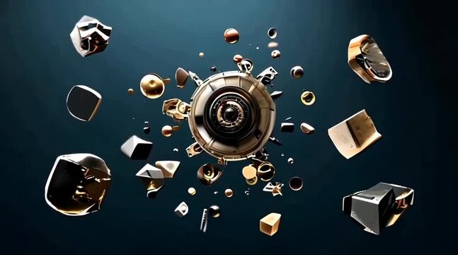 Abstract metallic spheres and geometric shapes in chaotic suspension