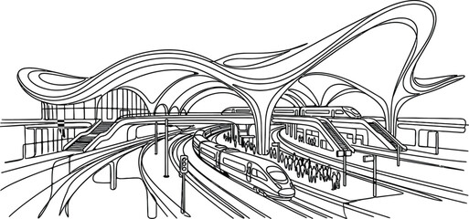 Obraz premium Modern Train Station Architecture with High-Speed Trains and Futuristic Canopy