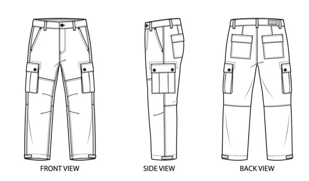 Unisex cargo pants technical flat vector drawing with front side and back views