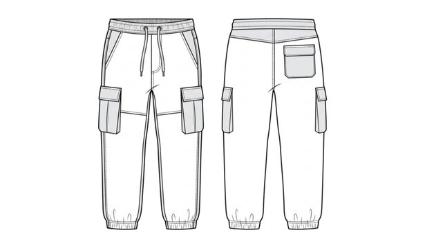 Cargo joggers technical flat vector drawing with relaxed fit and CAD mockup views