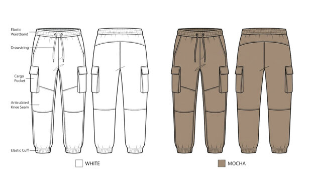 Cargo jogger pants technical flat vector drawing with elastic waistband and CAD mockup