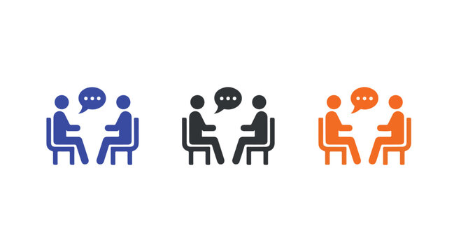 Three people sitting at a table engaged in conversation with speech bubbles in different colors
