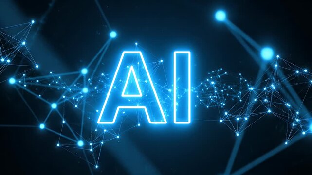 Glowing blue 'AI' text against a dark backdrop of interconnected nodes