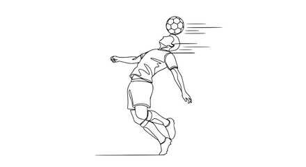 Obraz premium Continuous line drawing of a soccer player heading the ball, dynamic action, minimalist art.