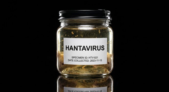 A glass jar labeled hantavirus containing rodent tissue samples on a black background