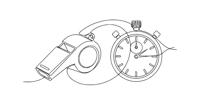 Continuous line drawing of a whistle and stopwatch, symbolizing sports, coaching, and timing.