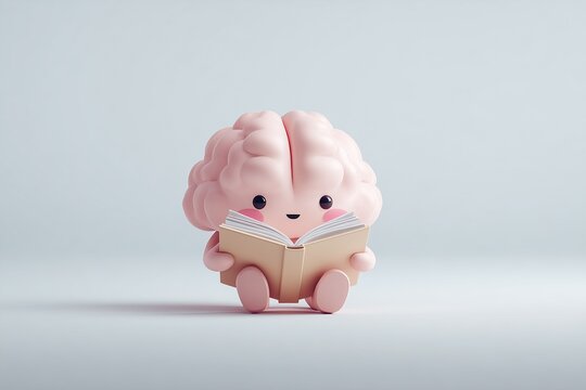 Cute brain character reading an open book