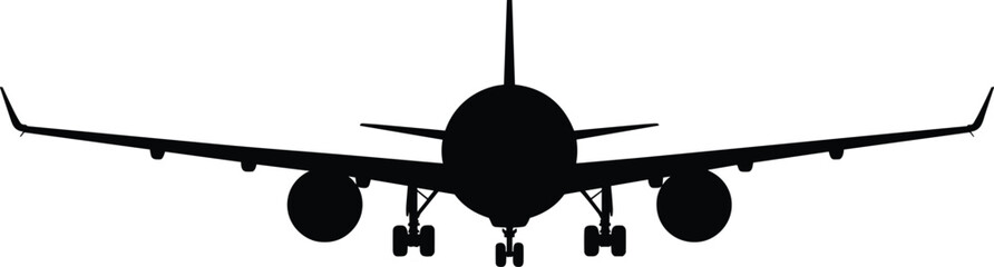 Airplane front silhouette, commercial jet outline, aviation transport icon, aircraft vector illustration, travel flight design, aerodynamic motif © MDTASLIM
