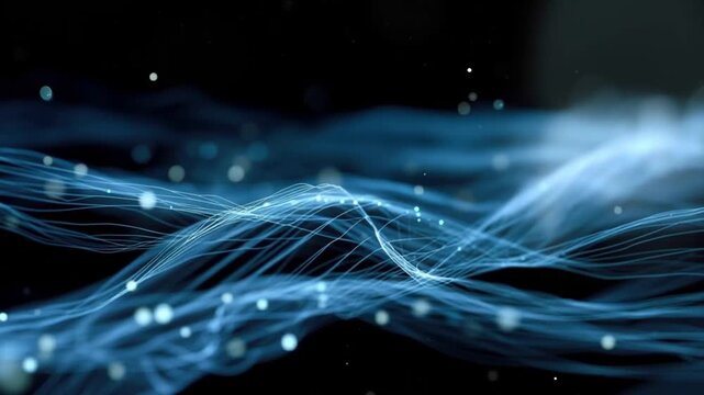 Abstract digital visualization of undulating blue waves and sparkling particles, suggesting a futuristic scientific or technological concept. ..Created with Generative AI, not depicting real subjects.