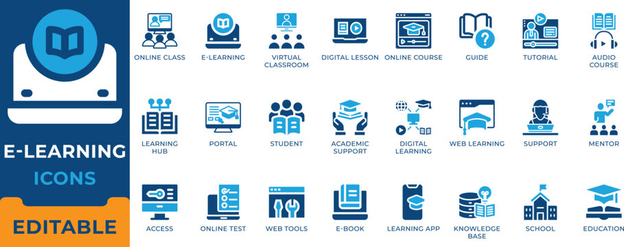 E-learning and virtual classroom icon set. Online course, digital lesson, audio tutorial, academic support, student portal, ed tech and distance education vector symbols.