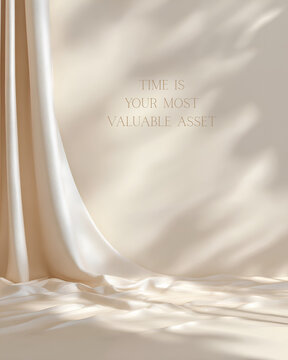 Inspirational quote background with draped satin curtain and soft sunlight