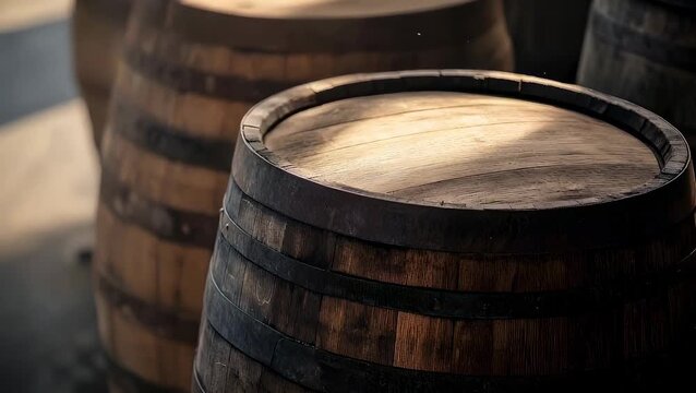 Wooden barrel in traditional distillery cellar. Cask for aging whiskey or wine inside warehouse. Industrial beverage storage container for craft alcohol production.