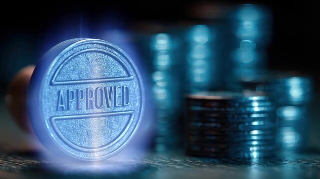 Glowing blue stamp with the word APPROVED imprinted, set against a blurred background of stacked coins. ..Created with Generative AI, not depicting real subjects.