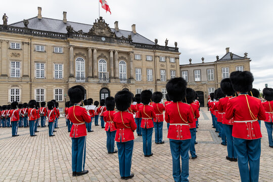 Royal Guards standing in formation during King Frederik X birthday celebration at Amalienborg Palace in Copenhagen, Denmark