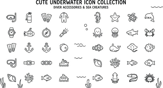 Charming vector line art icon collection of diverse underwater elements, including adorable sea creatures, marine animals, and essential diving equipment for ocean exploration