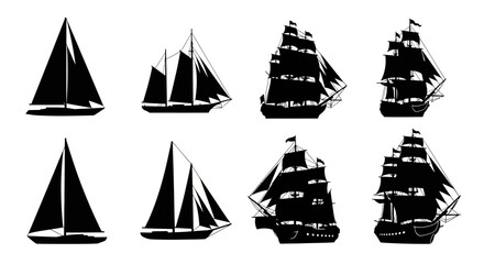 Black sailboat and ship silhouettes on white background, nautical icons, sailing concept © Steven