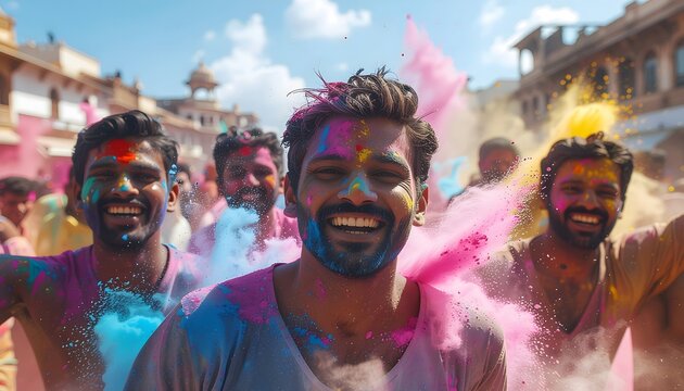 A group of joyful men celebrating the vibrant colors of the Holi festival with powder paint thrown in the air.