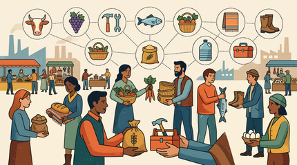 Fototapeta premium Diverse Community Trading Goods and Services at an Outdoor Market, Illustrating Barter and Local Economy