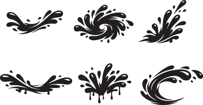 Set of black liquid splash elements abstract fluid shapes for dynamic design and motion graphics isolated on white background