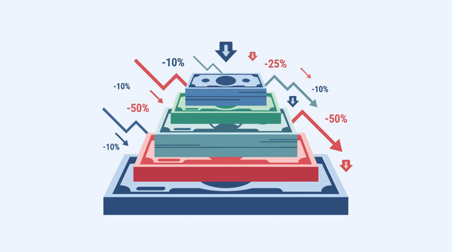 Financial pyramid with falling graph lines and percentage decreases indicating economic recession or loss