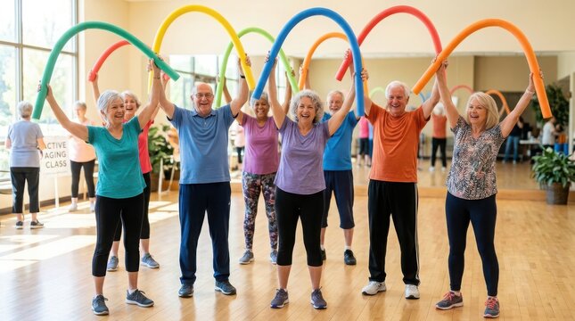 Happy seniors exercising with colorful foam noodles during a fitness class in a community center, active aging.
