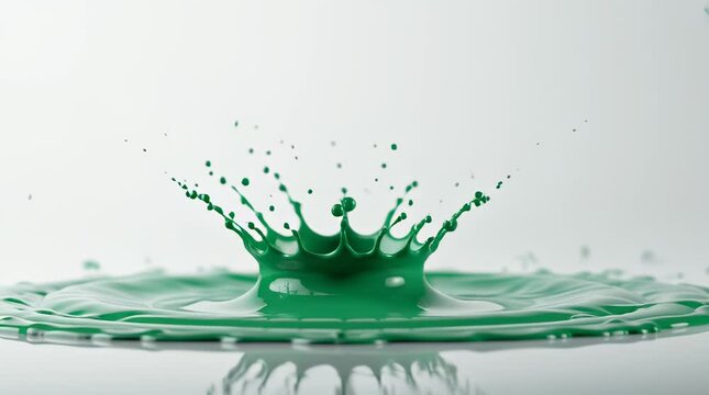 Green liquid splash with a crown shape on a reflective surface