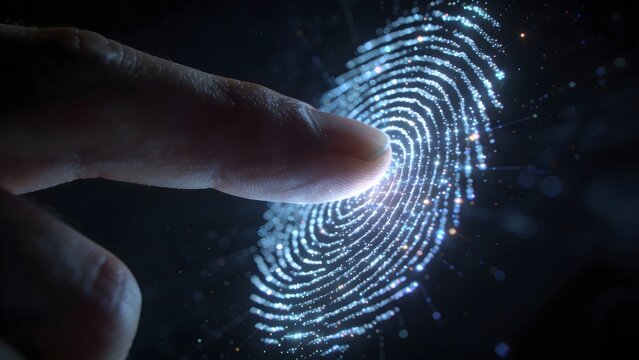 Detailed macro image of a human index finger scanning on a high tech security interface with glowing blue cyber lines and neon digital fingerprint pattern
