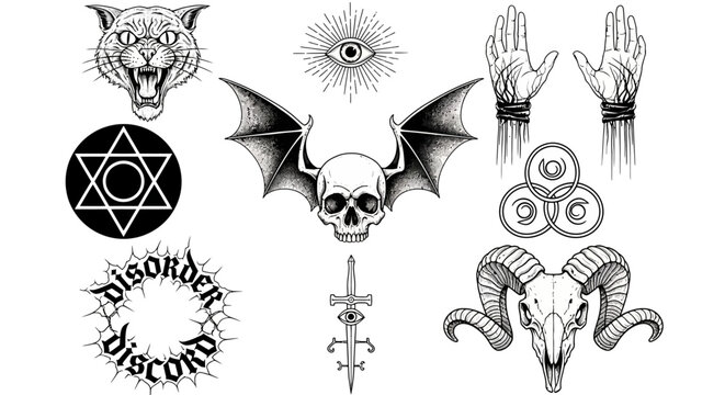 Black and white occult symbols, skull, bat wings, mystical illustrations, tattoo designs