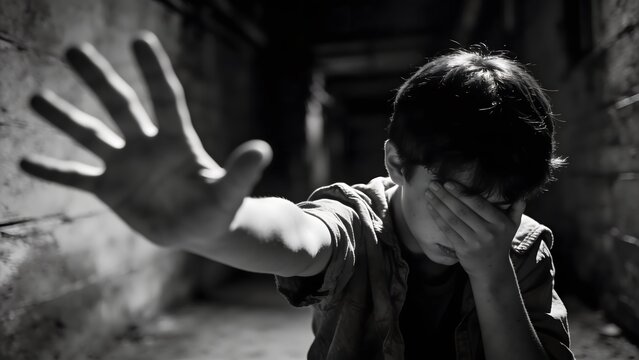 A close up black and white portrait of a poor dirty boy in torn clothes reaching his hand out for help inside a dark abandoned industrial factory environment