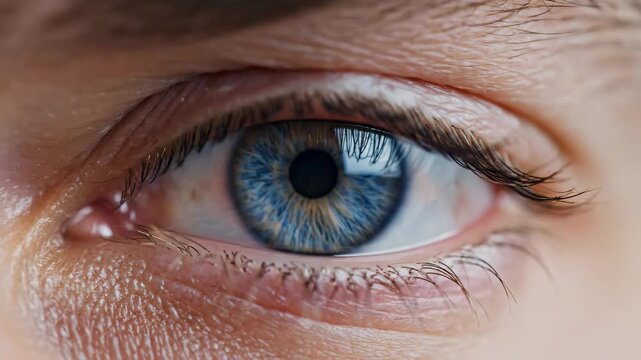 Close-up of a captivating blue eye with intricate iris details and long eyelashes, showing human vision and perception.