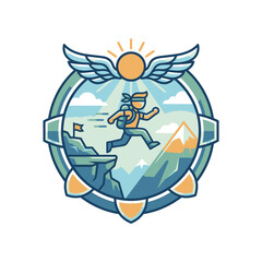 Fototapeta premium Outdoor adventure patch design with hiking person and mountains.
