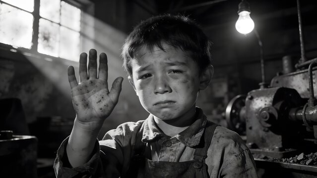 A dramatic black and white portrait of a sad, dirty young boy crying inside an old industrial factory, lifting his dirty hand to the camera under a single bright light bulb