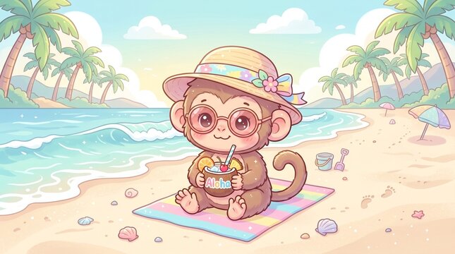Kawaii monkey character on tropical beach, cute baby monkey with sun hat and coconut drink, pastel summer vacation illustration for kids