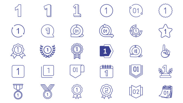 Set of Number One Outline Icons Collection for Ranking Award Winner Badge Countdown Step Infographic and Achievement Vector Symbols