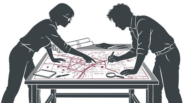 Two architects or urban planners working together on a large map or blueprint on a drafting table