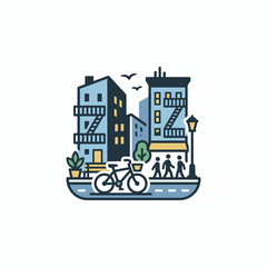 Fototapeta premium Apartment buildings in city street with bicycle and plants.