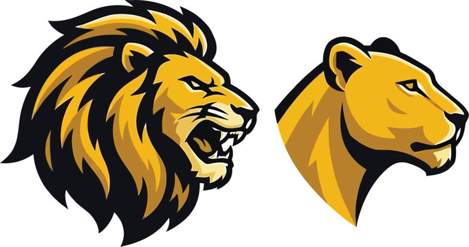 A stylized golden lion mascot head roaring alongside a sleek lioness profile in a bold graphic vector art style with sharp clean lines and shadows.