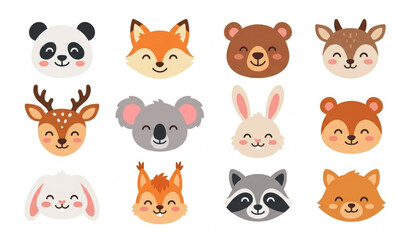 Fototapeta premium Cute Woodland Animal Faces Cartoon Vector Set for Kids Design