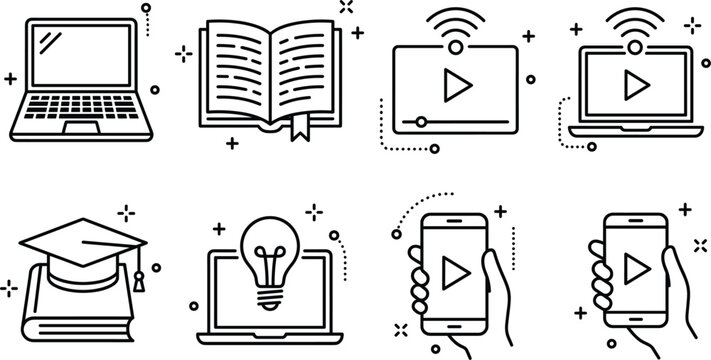 Online education icon set with digital laptop video tutorials mobile learning graduation cap books and webinar training vectors