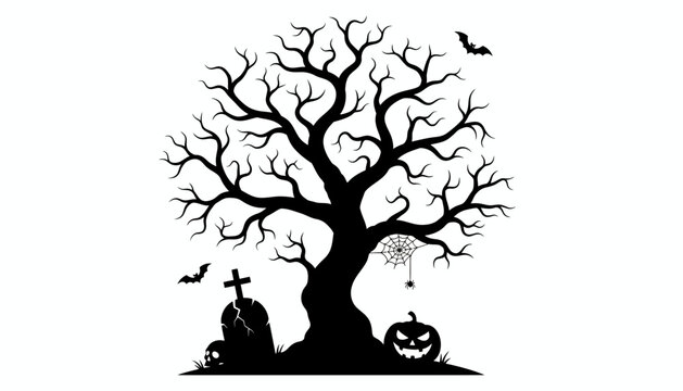 Halloween tree with spooky decorations, black silhouette, holiday background