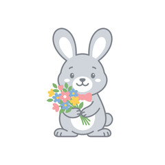 Obraz premium Small grey rabbit holding a colorful spring flower bouquet.