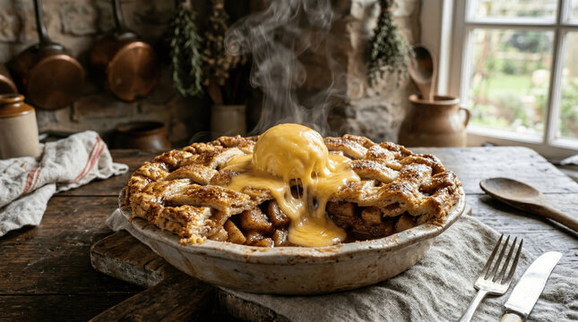 In a warm kitchen, a freshly baked apple pie sits on a wooden table