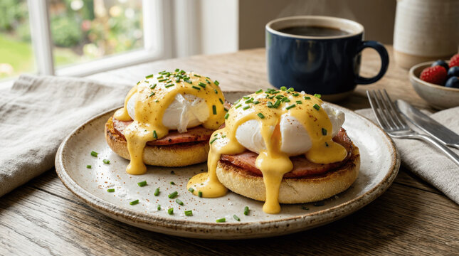 Two eggs benedict sit on a plate with ham and hollandaise sauce