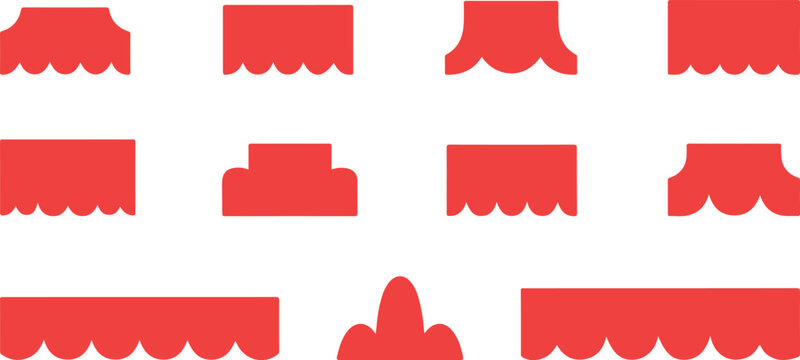Red fabric awnings and scalloped edge design elements vector set isolated on transparent background