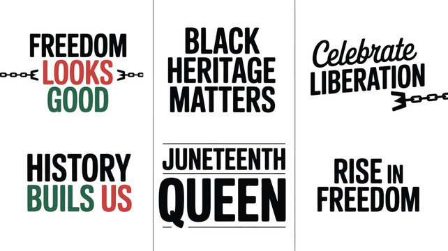 Graphic Collection Featuring Inspirational Juneteenth Text Designs with Broken Chains and Typography.