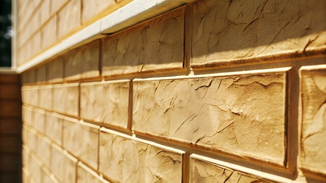 Sunlit close-up of tan brick wall exterior with perspective depth exterior perspective sunlight building structure construction architectural background material brickwork horizontal