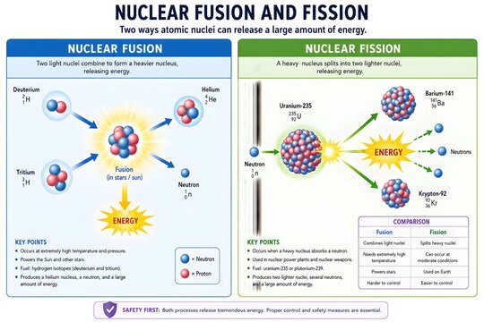 Side by Side Nuclear Physics Illustration with Energy Release Reactions
